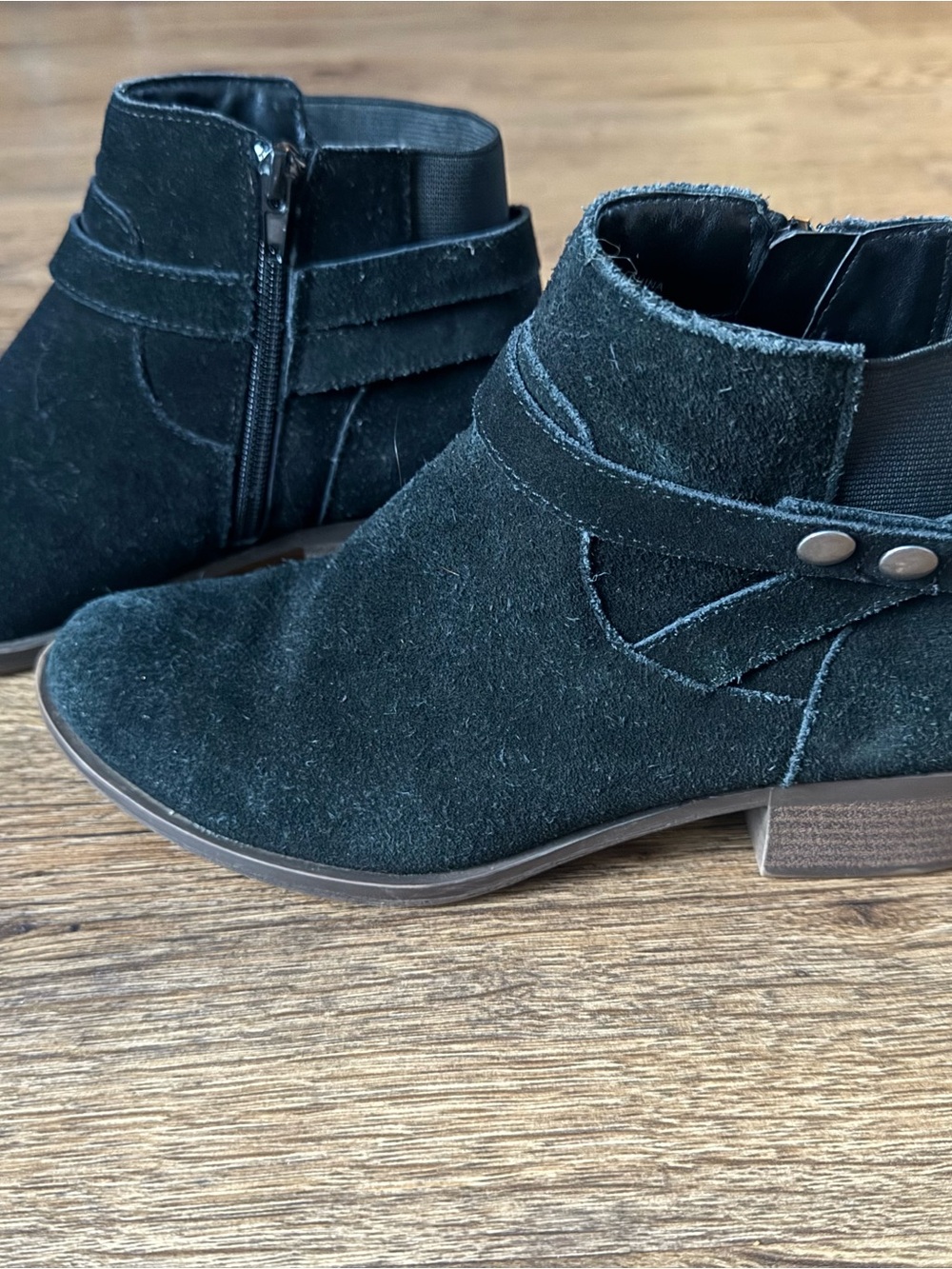 Gemmy Black Suede Ankle Booties with Side Zip and Strap Detail